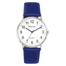 Ravel - Unisex Classic Everyday Watch - Analogue Quartz Movement - R0129, Blue / Silver Tone / White Dial with Numbers, Bracelet