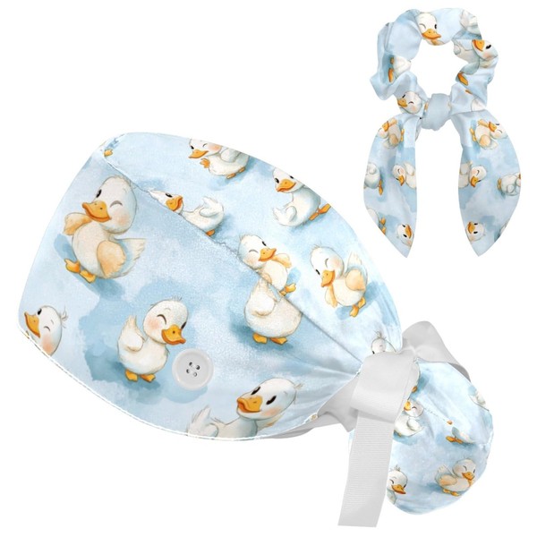 FVQL Scrub Caps Women, Cartoon Duck, Ponytail Holder Surgical Cap