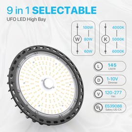 HYPERLITE High Bay Led Lights 100W 14,500LM (145lm/w) 5000K 1-10V Dimmable 5' Cable with 110V Plug US Hook UL Listed High Bay Led Shop Light for Barn Workshop Warehouse