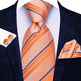 Hi-Tie Extra Long Tie for Men Orange Blue Striped Ties Formal XXL 70 inches Necktie Handkerchief Cufflinks for Big and Tall Men Business Wedding