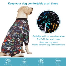 LovinPet Large Dog Pajamas, Wound Care/Post Surgery Shirt, UV Protection, Love My Dog Text on Black Print, UV Protection, Pet Anxiety Relief, Large Dog Onesies, Pet PJ's/Medium