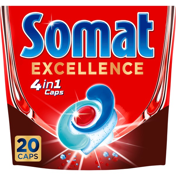 Somat Excellence 4-in-1 Caps (20 Caps), Quick Resolution Dishwasher Tablets,