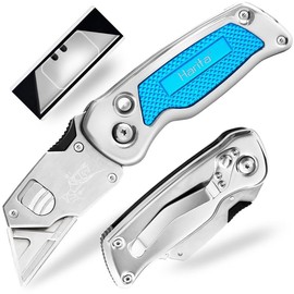 Box Cutter, Utility Knife with Quick Change Blades, Stainless Steel Body, Back-lock Mechanism, Portable Cutter Knife with Clip, Heavy Duty Razor Knife with 5-piece Extra Blades (Blue)