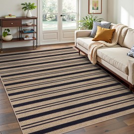 Tangsoo Stripe Easy Jute Rug 4x6 for Paito,Thin Non-Slip Indoor Outdoor Black Door Carpet,Washable Farmhouse Throw Mat for Front Porch Kitchen Bedroom Foyer