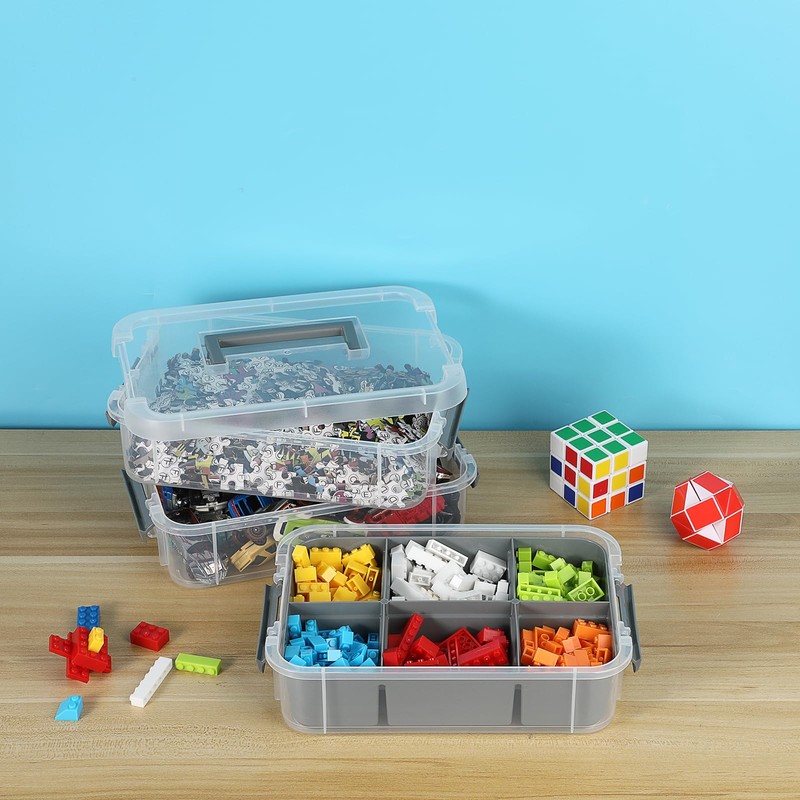 JUXYES 2 Pack 3-Tiers Stack Carry Storage Box With Divided