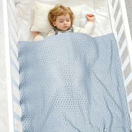 mimixiong 100% Cotton Knitted Cellular Baby Blanket for Boy Girls (Baby Blue)