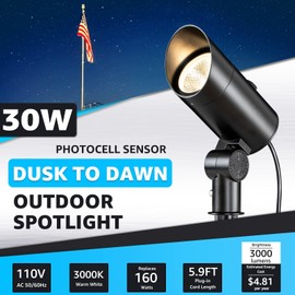 SUNVIE 30W Spot Lights Outdoor 120V Dusk to Dawn Outdoor LED Spotlight Plug in with Photocell Sensor 3000K Waterproof Bright Flag Pole Light for Yard Tree Garden Landscape Lighting with Stake 6FT Cord