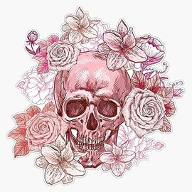 Pink Skull and Flowers Bumper Sticker Vinyl Decal 5"