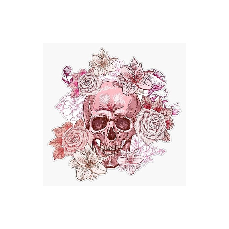 Pink Skull and Flowers Bumper Sticker Vinyl Decal 5"