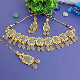 Efulgenz Conjunto de gargantilla india de cristal Kundan de Maang Tikka con cadena de cabeza de bollywood para boda dorado