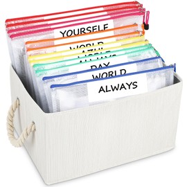 JANYUN Board Game Storage Kit, Storage Basket and 12 Pcs Zipper Mesh Bags in 6 Colors for Board Game Organizer and Puzzle Storage with Writing Labels and Glue Dots for Home Toy Storage Office Document