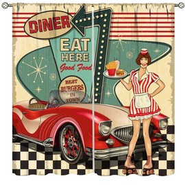 Vintage Car Curtains for Mens,Retro Poster Design 60s Style Cars Repair Window Treatments for Bedroom Living Room Office Kitchen Window Drapes 2 Panels Set,Total Size 42 x 45 Inch