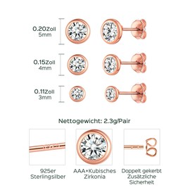 ChicSilver 925 Sterling Silver, Glitter Stud Earrings Set with Zirconia and Colourful Round Topaz Stud, Fan Shape Stud Earrings, Colourful Crystal Jewellery as Gift for Wife, Mother, 925 Sterling Silver, C Round Stud Earrings Set Rose Gold 3 Pairs