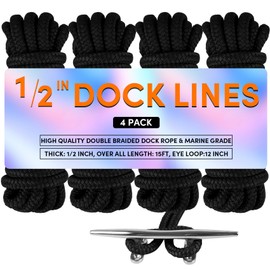 Dock Lines Boat Ropes for Docking 1/2" x15' Double Braided Mooring Marine Rope Boat Lines for Docking, Dock Lines for Boats with Loop, Boating Rope Boat Lines Black 4 Pack