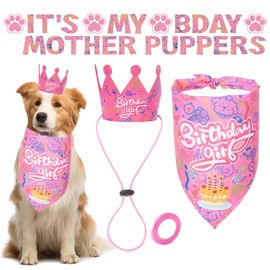 Dog Birthday Boy Bandana - Pet 1st Birthday Party Supplies - Hat Scarf Bowtie Banner Set for Small Medium Dogs (Pink)