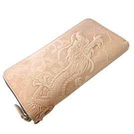 Deep Zone Men's High Quality Leather Wallet, Dragon Climbing Dragon, Long Wallet, Genuine Leather Saddle Leather, Round Zipper Embossing, beige