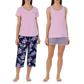 Carole Hochman Women's 4-Piece 100% Cotton Pajama Set – V-Neck T-Shirt, Tank, Capri Pants & Shorts with Drawstring & Pockets, Lilac, Small