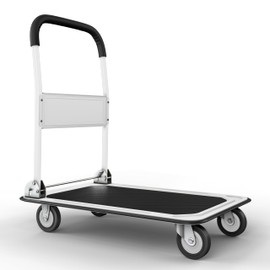 Heavy Duty Foldable Push Cart Dolly | 330 lbs. Capacity | Upgraded Collapsible Hand Truck Folding Platform with Swivel Wheels | Flat Bed Moving Wagon | Space Saving Push Handle (White)