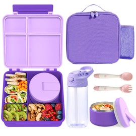 Kids Bento Lunch Box with 8oz Soup Thermo, Water Bottle, Kids Leakproof Lunch Food Containers with 4 Compartment, Insulated Hot Food Jar with Lunch Bag for School, Trvael (Purple)