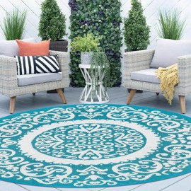 Homcomoda Round Outdoor Rugs 6ft Teal Patio Rugs Clearance Reversible Plastic Straw Rugs Waterproof Lightweight Outdoor Rugs Portable RV Camping Mat for Outdoor Porch Deck BBQ Backyard