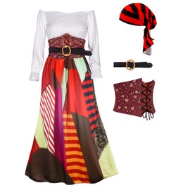 IKALI - Disfraz de pirata para mujer, vestido renacentista, con cinturón de corsé, pañuelo para la cabeza pirata, Multi colorido, L