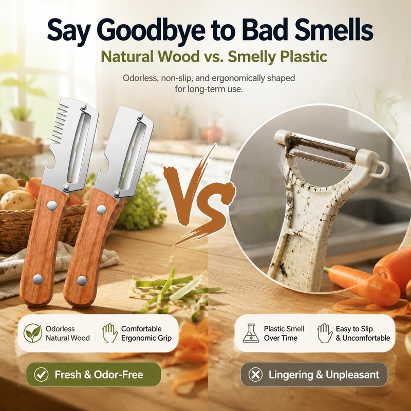 2Pcs Vegetable Peeler with Wooden Handle, Odor-Free Stainless Steel Multi