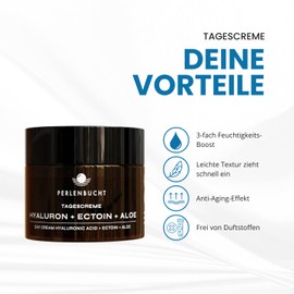 Tagescreme Hyaluron + Ectoin + Aloe - Anti Aging Creme für Frauen und Männer, Gesichtspflege, Feuchtigkeitscreme Gesicht - Feuchtigkeitsspendend, Für Empfindliche Haut - PERLENBUCHT