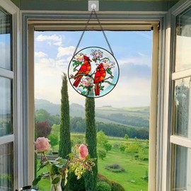 Stained Glass Window Hanging, Cardinals Suncatcher with Hook, Window, Garden Decoration, Red Bird Suncatchers for Women, Mom, Grandma, Teacher, Bird Lover (6 in)