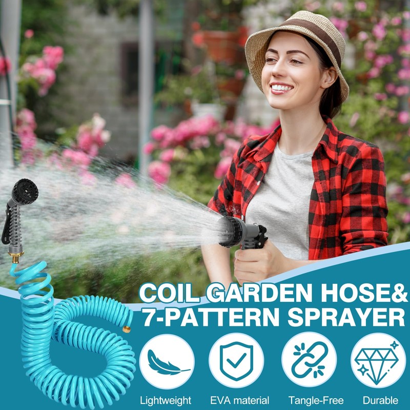 HEYTIMI 50 FT 3/8" Lightweight Coiled Garden Hose EVA Flexible