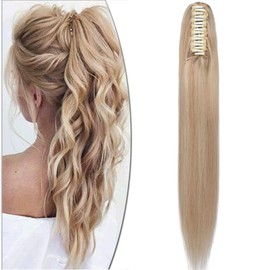 18 inches SEGO Ponytail Extension Human Hair Claw on [#18P613 Ash Blonde&Bleach Blonde] Clip in Remy Real One Piece Hair Piece for Women Straight Natural (115g)
