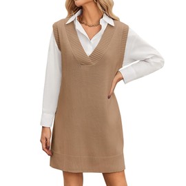 Zeagoo Women's Oversized Sweater Vest Dress V Neck Knit Pullover Sweater Vest Sleeveless Sweater Loose Casual Vest Dress Brown