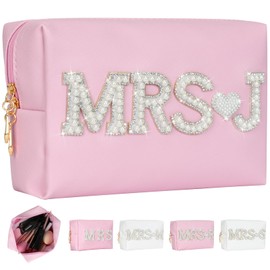 Silongder MRS Letter Cosmetic Bag, Bridal Shower Gifts White Bling Pearl Rhinestone Patch Makeup Bag Waterproof PU Travel Toiletry Bag Make Up Bag for Bachelorette Party Women Wedding Bridal(MRS-J)