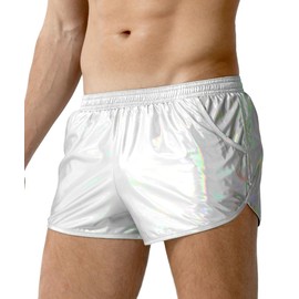 Casey Kevin Men's Metallic Shiny Boxer Shorts with Pockets Sparkly Sexy Hot Short Pants-Silver,Medium