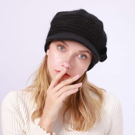 YAMEE Women's Winter Knitted Beanie Hat Women's Wool Hat Warm Beret Hat Ribbed Cap Women's Winter Hats, M9001*Black