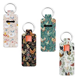 FREEBLOSS 4PCS Lipstick Balm Holder for Women, Cute Chapstick Holder Keychain Chicken and Flowers Lip Balm Keychain 1.5'' x 3.8''