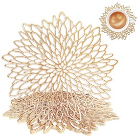 wiipara Set of 6 Place Mats, Washable, Modern PVC Placemats, Round, Christmas Decorative Table Mat, Dining Table Place Plate, Place Mat, Round for Home, Wedding (Gold, with Coaster)