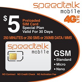 SpeedTalk Mobile $5 SIM Card Kit for 5G 4G LTE iOS Android Smart Phones 250 Minutes OR 250 Text or 250MB Data Cellphone Plan | 3 in 1 Simcard - Standard Micro Nano | 30 Day Service | USA Coverage
