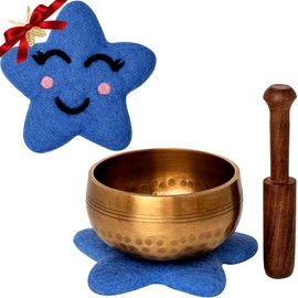 Ohm Store Pure Bronze Tibetan Singing Bowl Set — Children's Musical Percussion Instrument for Meditation and Mindfulness Practices — Little Ohmies Skye Character Pillow and Bronze Sound Bowl
