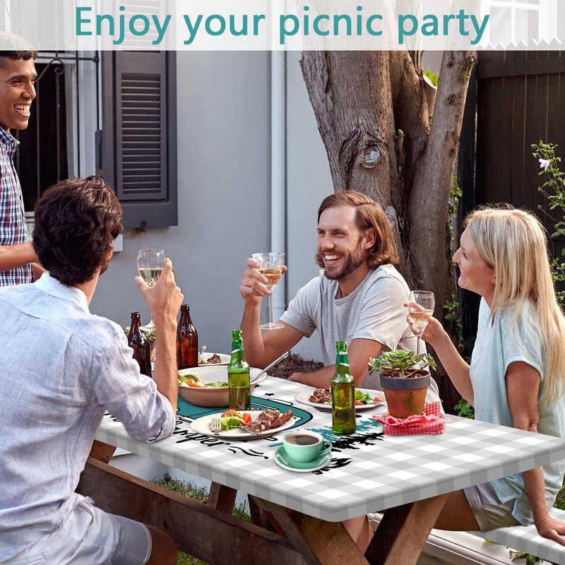 Bcsewcg Buffalo Plaid Fitted Picnic Table Cover with Bench Covers,