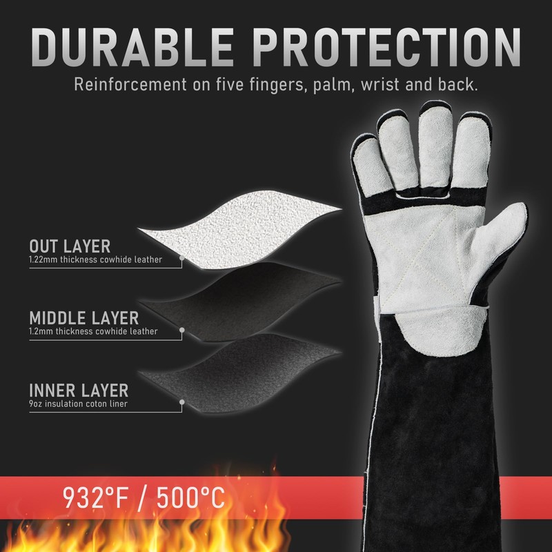 YESWELDER 23.6 Inches 932℉,Leather Forge MIG Welding Gloves, with Kevlar