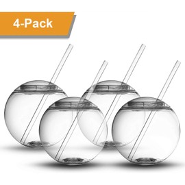 Fish Bowl for Drinks - Sphere Shaped Durable Drinking Party Cups with Cover, 4-Pack (22 oz) - Fun, Unique Design Sits Flat, 4 Straws Included - Great for Dinner and Cocktail Parties and Outdoor Use