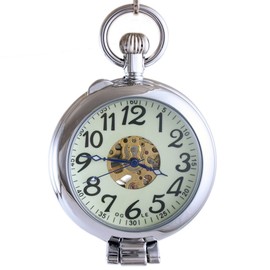 OGLE Waterproof Silver Magnifier Luminous Chain Fob Self Winding Automatic Skeleton Half Hunters Mechanical Pocket Watch, Silver Luminous, 48 mm, Minimalist, Mechanical with Luminous Decorative