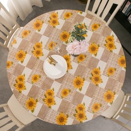 Round Vinyl Fitted Tablecloth with Flannel Backing Elastic Table Cloth Waterproof Oil-Proof Plastic Table Cover Sunflower