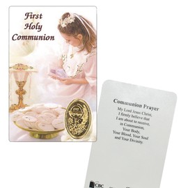 Laminated Prayer Card First Holy Communion 8.5x5.5cm – Girl 71942 with Stamped Medal 9426