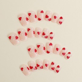 Red Heart Press on Nails Nude Short Square Fake Nails Stick on Nails Heart White Wave Point False Nails Full Cover Artificial for Women Girls Romantic Manicure Art Decoration 24pcs