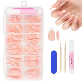 BUTBU French False Nails, 120 Pcs Medium Almond Press on Nails Kit, Full Cover Stick on Nails with Glue, 12 Sizes Nude Color Nail Tips for Women and Girls Manicure Art Salon (Pink)