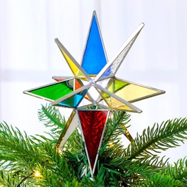 Vertintong 7 Inch Moravian Star Christmas Tree Topper Iridescent Christmas Tree Decoration Moravian Stained Glass Star Colorful Window Hanging Decoration Church Gift (Colorful)
