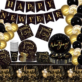 125-Piece New Year Party Decorations 2024, Happy New Year Party Tableware Set for 24 People with New Year Balloons, New Year Banner, Garland Plates, Napkins and Tablecloth