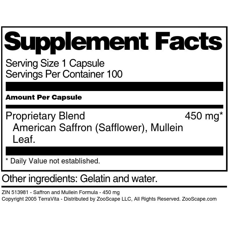 Saffron and Mullein Formula - 450 mg (100 Capsules, ZIN: