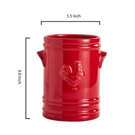 WAIT FLY Embossed Rooster Porcelain Kitchen Utensil Holder Flatware Storage Organizer Utensil Crock for Countertop Kitchen Counter Decor-Red-1 PCS